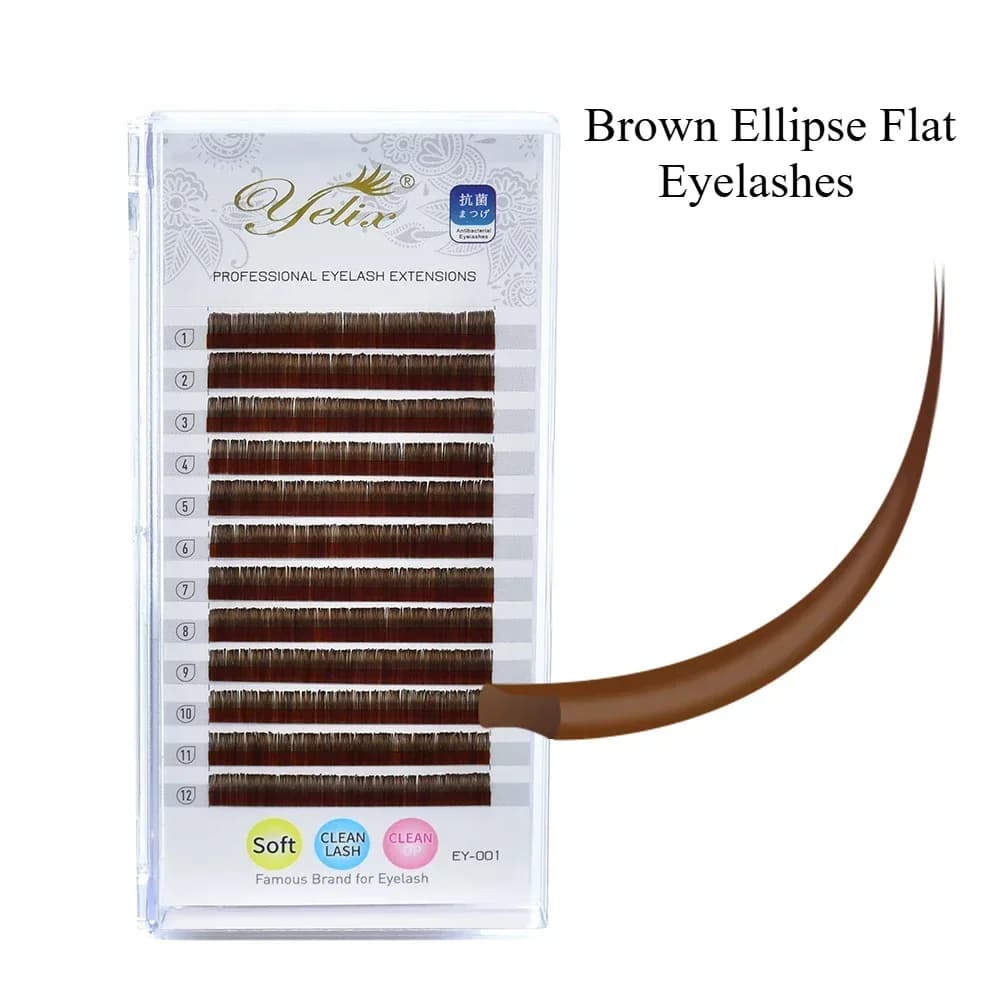 Brown Ellipse Flat Split-Tip Lashes B/C/D Curl 12 Rows